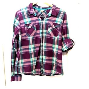 ‼️Purple & Teal Cuffed Sleeve Plaid Button Down